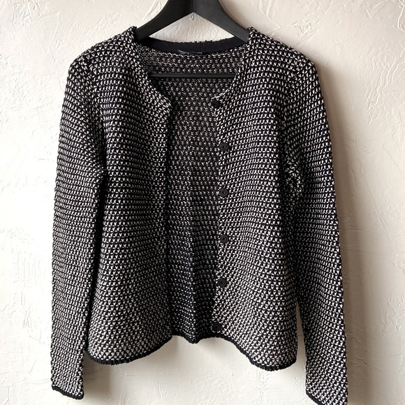 Eileen Fisher Tweedy Knit Cardigan Sweater Black White Scoop Neck - Picture 1 of 10